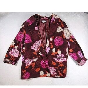 Susan Graver Floral Blazer Women’s 2XL Burgundy Pink Rose Jacket Lined